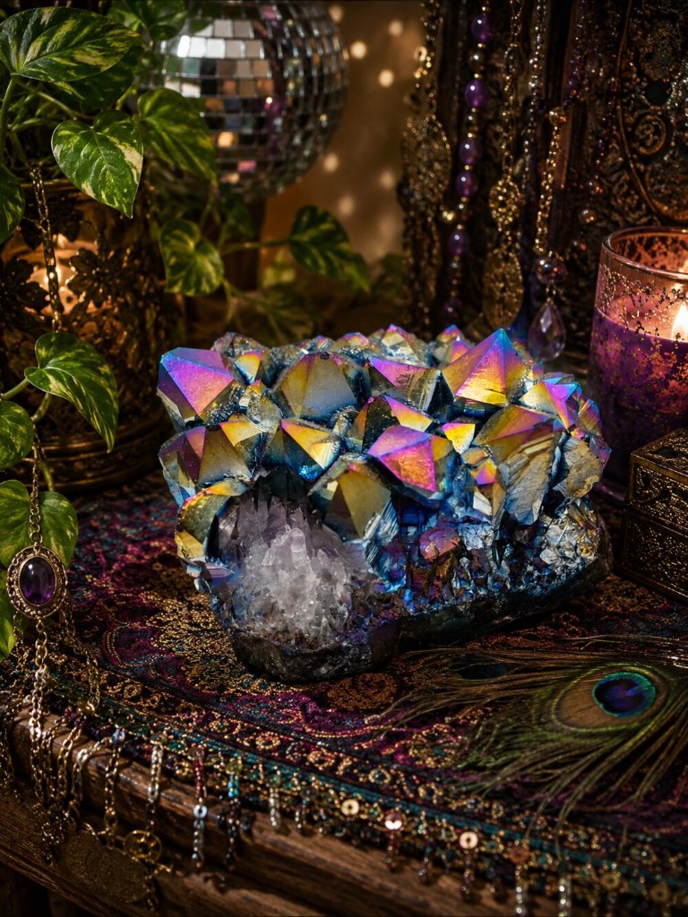 Iridescent Titanium Aura Quartz Crystal Cluster - Blue, Gold, Purple Rock